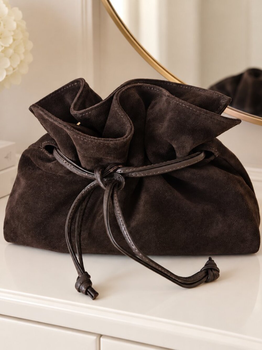 Dark Chocolate Suede Drawstring Crossbody Bag, Italian Leather Shoulder Bag
